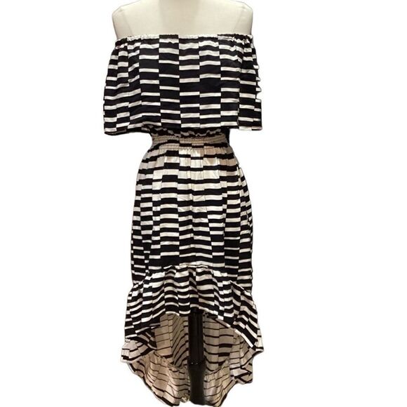 Parker black and white dress off-shoulder 100% silk size M - Picture 1 of 11
